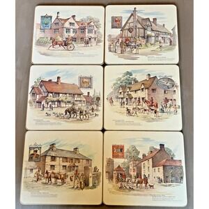 Vintage Cloverleaf Table Mats Set Olde Inns of England Cork Backed Placemats Set